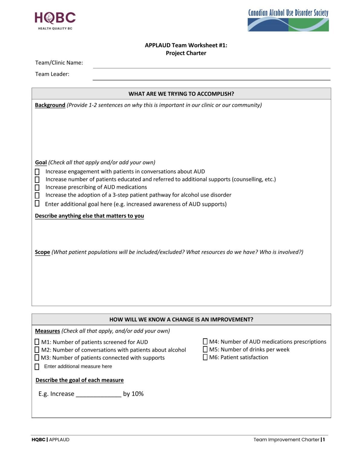 APPLAUD Improvement Project Charter Worksheet - Health Quality BC